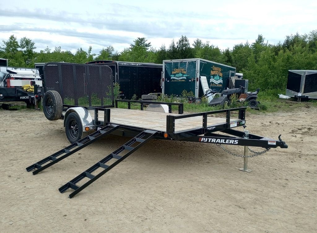 2024 PJ Trailers 7ร14 Powder Coated Open Utility w/Rear Ramp Gate, ATV Side Loading Ramps